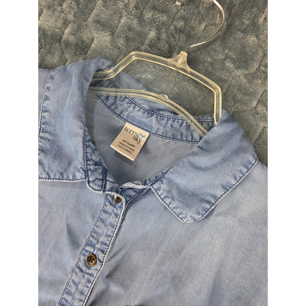 Terra & Sky Light Wash Lyocell Tunic Shirt Dress Plus 0X 14W Roll Tab Sleeve